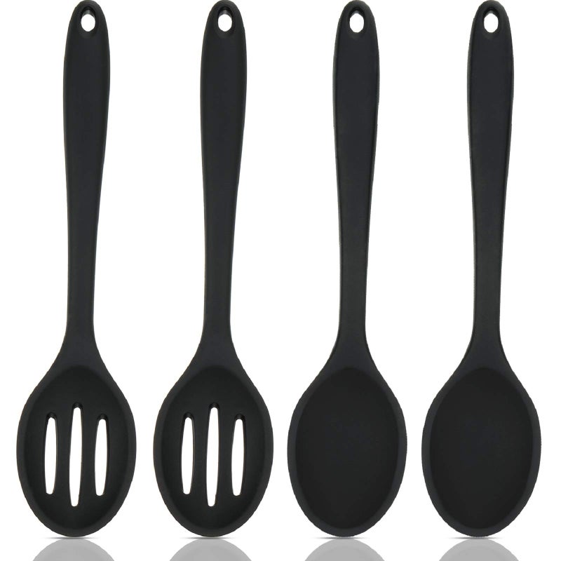 Boao 4 Pcs Silicone Spoons for Cooking 10.6 Inch Large Nonstick Serving Spoons Heat Resistant Slotted Spoon for Mixing & Stirring Kitchen Cooking Utensils, Dishwasher Safe(Black) - Image 1