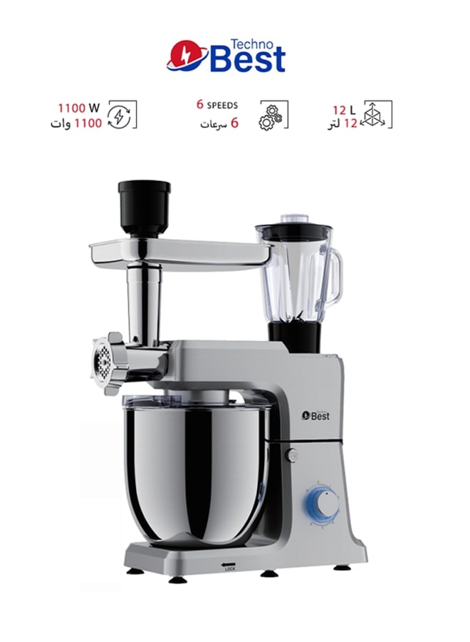 Techno Best Multi-Functional Mixer With Stainless Steel Bowl 12 L 1100 W BKM-12L Silver - Image 1