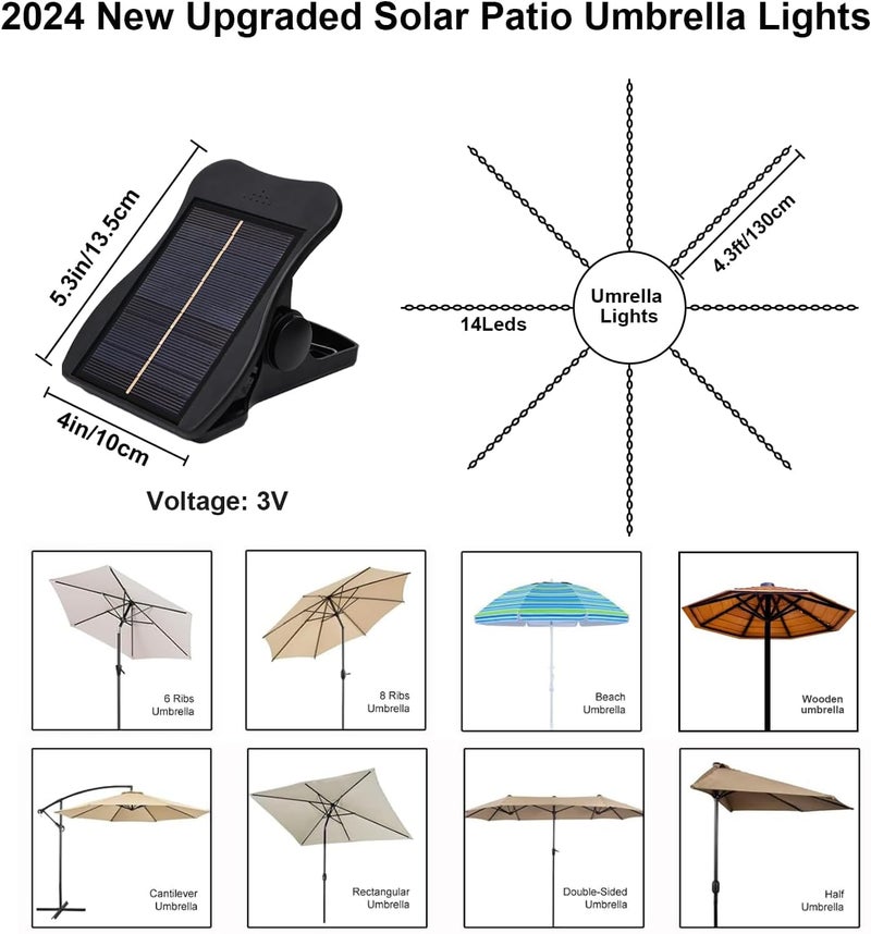 VOOKRY Solar Umbrella Lights Outdoor, Waterproof Solar Powered Patio Umbrella Lights Cordless 8 Modes LED Umbrella Patio Lights for Beach Tent Camping Garden Party Decoration(Warm White) - Image 2