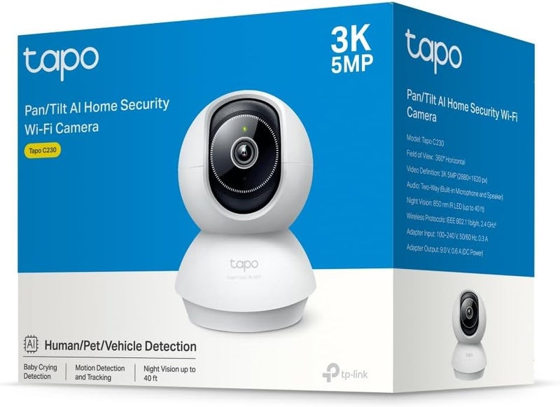 تابو كاميرا أمان منزلية ذكية Tapo C230 بتقنية الذكاء الاصطناعي، دعم للواي فاي، دقة 3K 5MP، وضوح 1620p، صوت ثنائي الاتجاه، التحكم الصوتي، رؤية ليلية محسنة، كشف بكاء الأطفال، تتبع الحركة، وإشعارات ذكية - Image 1