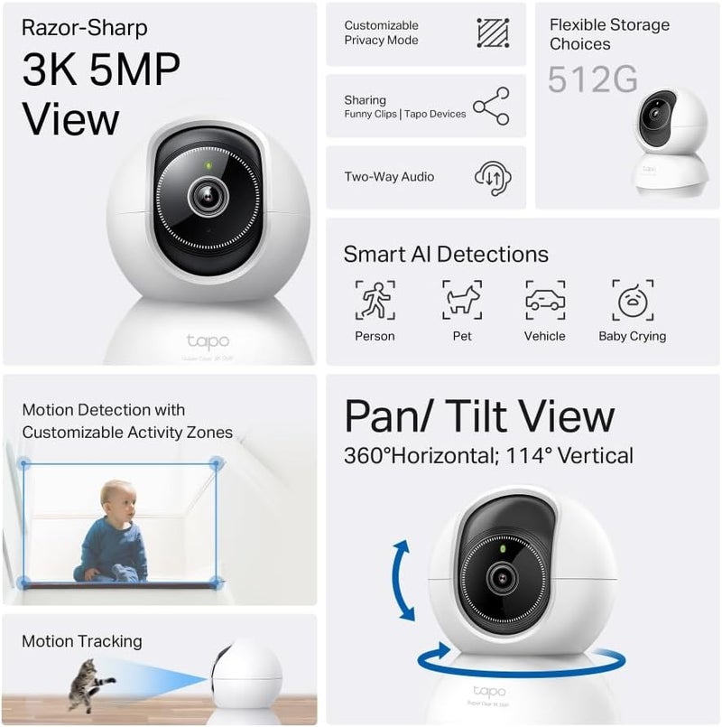 تابو كاميرا أمان منزلية ذكية Tapo C230 بتقنية الذكاء الاصطناعي، دعم للواي فاي، دقة 3K 5MP، وضوح 1620p، صوت ثنائي الاتجاه، التحكم الصوتي، رؤية ليلية محسنة، كشف بكاء الأطفال، تتبع الحركة، وإشعارات ذكية - Image 2