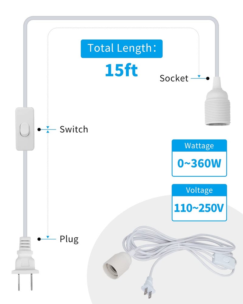 HESSION 15.6ft Plug in Pendant Light, 2-Pack Light Sockets Extension Cord, White Hanging Light Cord E26/E27 Latern Pendant Light Fixtures with ON/Off Switch - Image 2