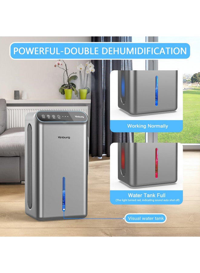 vinburg Dehumidifier for Home, 85 OZ Water Tank, (800 sq.ft.) Small Dehumidifier with Drain Hose for Bathroom Bedroom with Auto Shut Off, Timer, 7 Colors LED (Sliver)  - Image 4