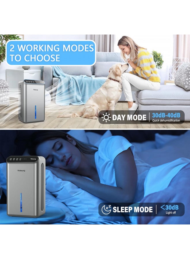 vinburg Dehumidifier for Home, 85 OZ Water Tank, (800 sq.ft.) Small Dehumidifier with Drain Hose for Bathroom Bedroom with Auto Shut Off, Timer, 7 Colors LED (Sliver)  - Image 3