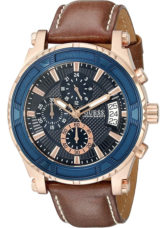 جس ساعة كرونوغراف من الجلد الطبيعي باللون البني والأزرق مزودة بخاصية التاريخ - لون بني، موديل U0673G3 - Image 1