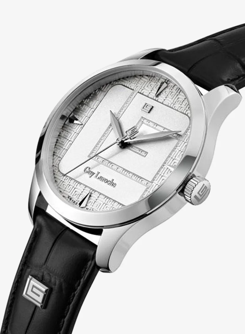 Guy Laroche Maxime White Dial Black Leather Strap Analog Watch for Men 40mm