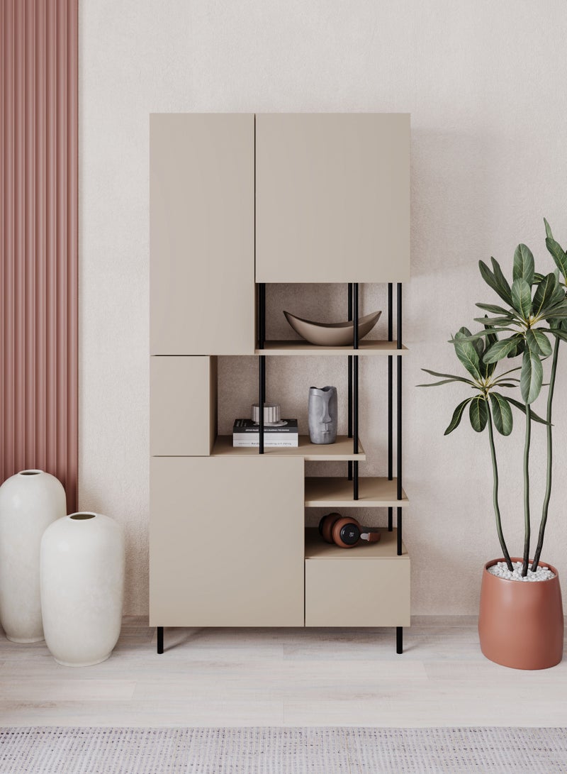 Mourah Home Key Bookcase Modern Book Shelf Cabinet 4 Tier 5 Door Multi Storage Bookshelf Rack With Metal Legs Display Cabinet For Bedroom Living Room  34X175X84Cm Beige  - Image 4