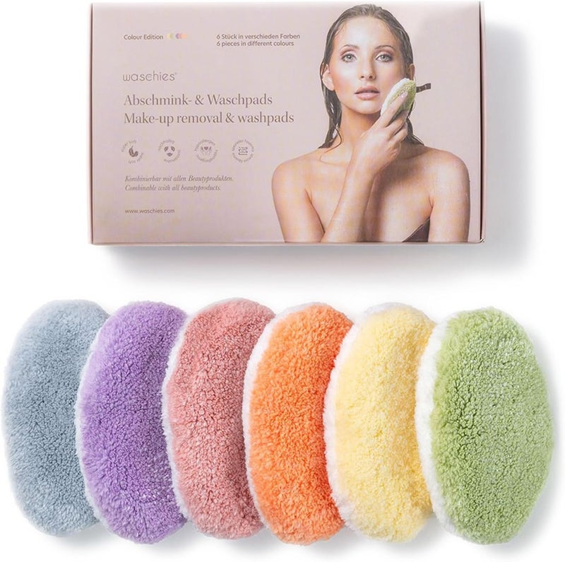 Waschies Reusable Makeup Remover Face Cleansing Pads Pack of 6 in Multicolour Washable Soft Hypoallergenic Gentle Cleansing For All Skin Types Alternative to Cotton Pads Wipes