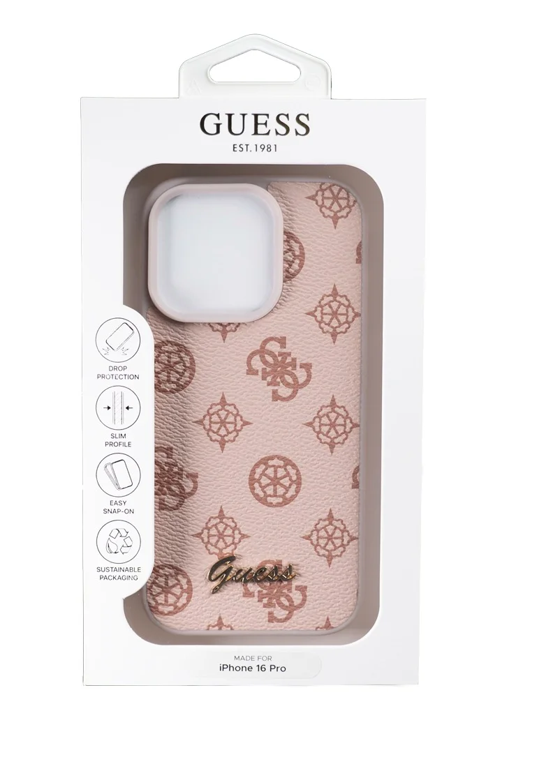 GUESS PU Leather Hard Case with Peony Script Logo for iPhone 16 Pro / Slim Profile/ Easy Snap-On/ Comfortable Grip - Pink