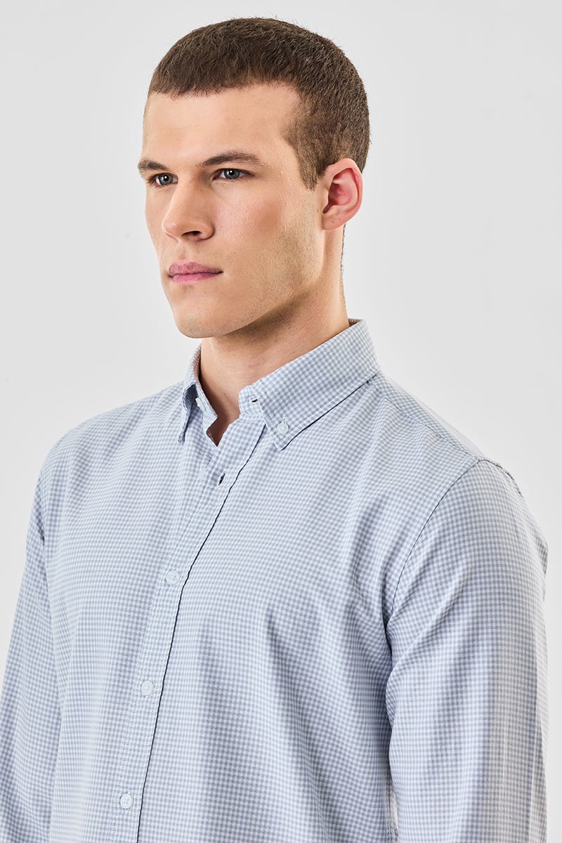 سنيتش قميص قطني % بقصة ضيقة بنقوش مربعات صغيرة - Image 3