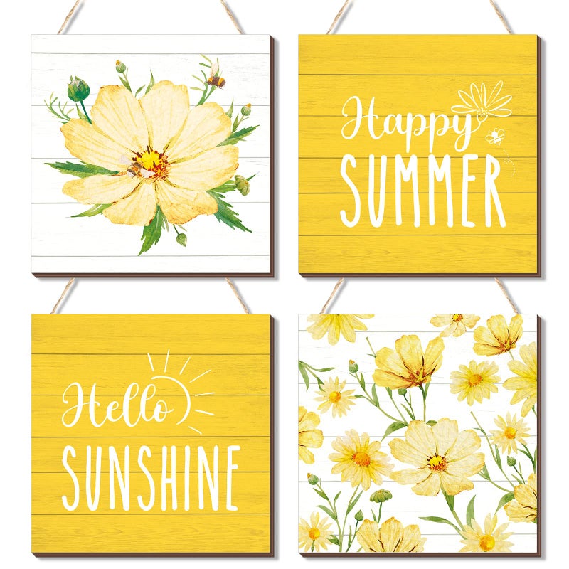 Purpeak 4 Pcs Hello Summer Door Sign Daisy Wall Decor Sign Rustic Wood Decor Farmhouse Welcome Wall Hanging Plaque Wooden for Home Front Door Kitchen Office School787 x 787 Inch Summer