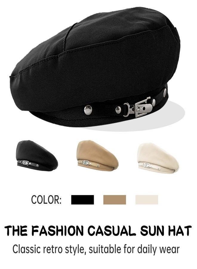 FEOYA Black Beret Hats for Women Classic French Cap Solid Color Cotton Artist Painter Beanie with Metal Decorative Buckle - Image 4