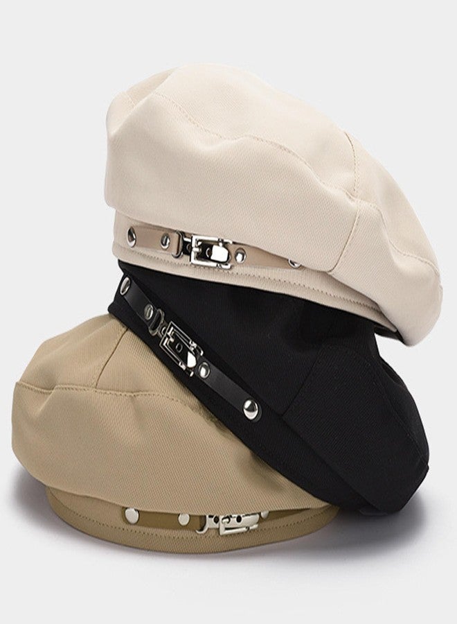 FEOYA Black Beret Hats for Women Classic French Cap Solid Color Cotton Artist Painter Beanie with Metal Decorative Buckle - Image 3