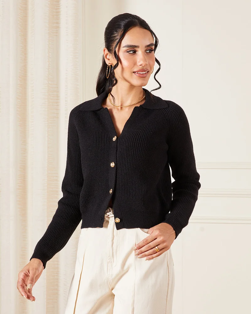 REDTAG Women Black Collard Knit Cardigan