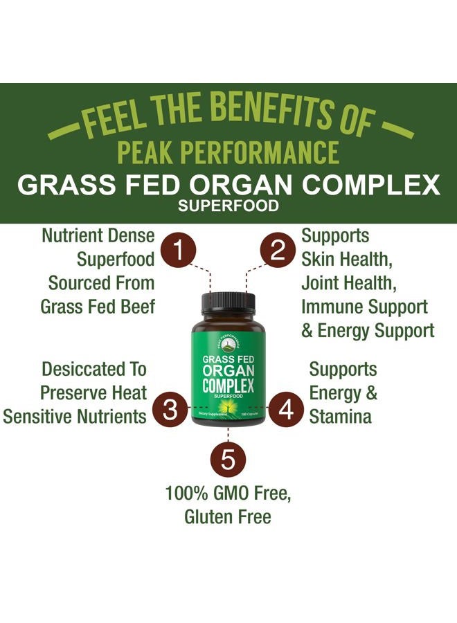 Peak Performance Grass Fed Beef Organ Complex from New Zealand (180 Capsules) Desiccated Organs Superfood Pills. GrassFed Beef Liver Capsules with Heart, Kidney, Pancreas, Spleen. Supplement - Image 2