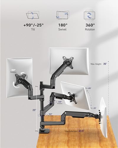 Ergounion Quad Monitor Mount, Holds Screens up to 40 Inches and 25 lbs, Fully Adjustable 4 Monitor Stand with C-Clamp and Grommet Base, Aluminum, Black - Image 3