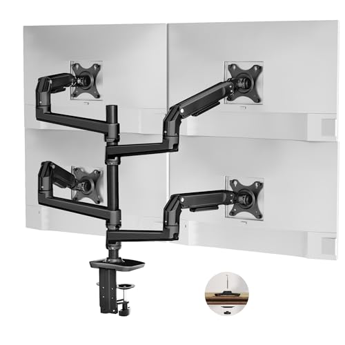 Ergounion Quad Monitor Mount, Holds Screens up to 40 Inches and 25 lbs, Fully Adjustable 4 Monitor Stand with C-Clamp and Grommet Base, Aluminum, Black - Image 1