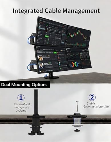 Ergounion Quad Monitor Mount, Holds Screens up to 40 Inches and 25 lbs, Fully Adjustable 4 Monitor Stand with C-Clamp and Grommet Base, Aluminum, Black - Image 2