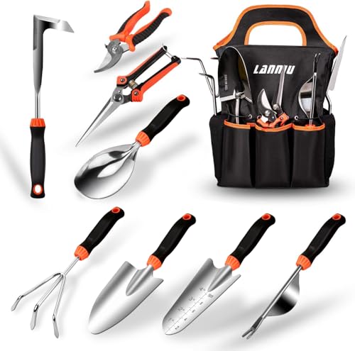 LANNIU Garden Tool Set 9 Piece Stainless Steel Heavy Duty Gardening Tool Set with NonSlip Rubber Grip Storage Pocket Ideal Gardening Gifts for Men