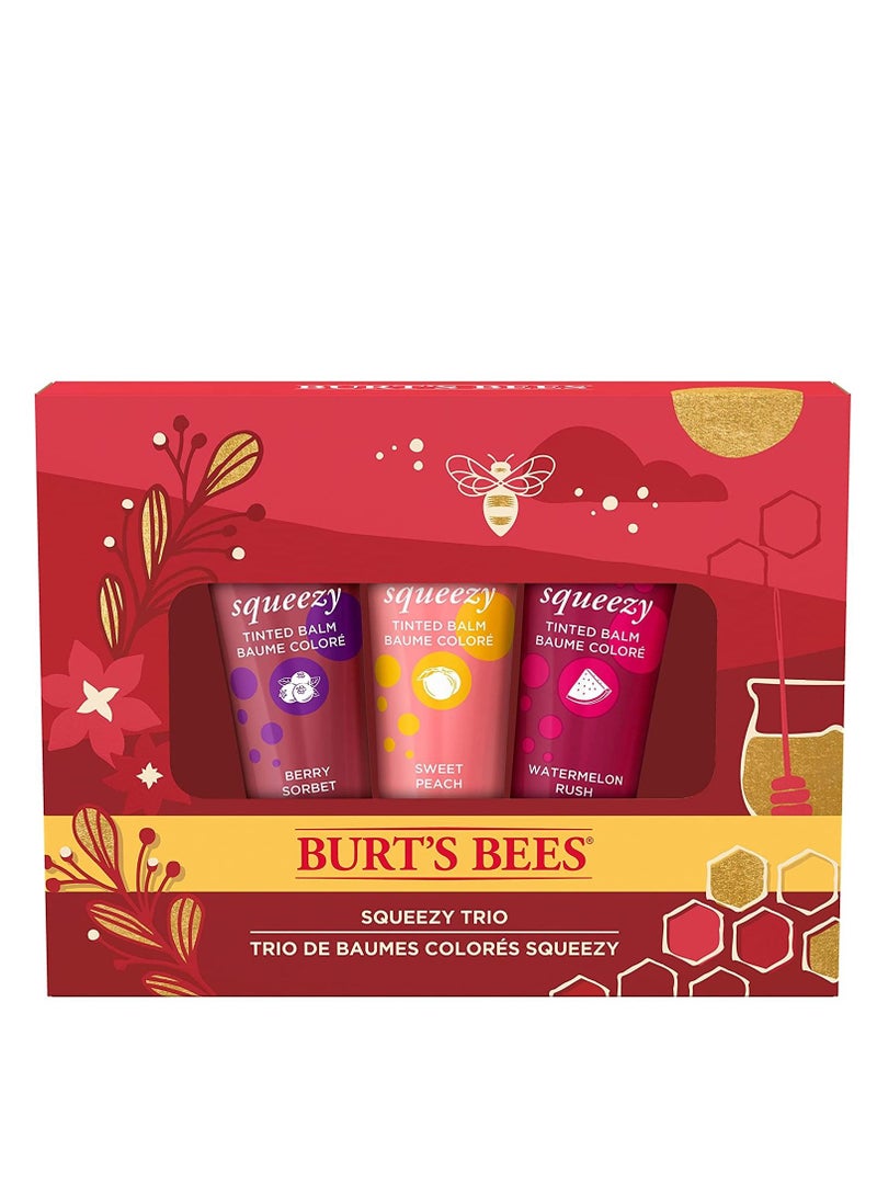 Burt's Bees Holiday Gift, 3 Lip Care Stocking Stuffer Products, Squeezy Trio Tinted Lip Balm Set - Berry Sorbet, Sweet Peach & Watermelon Rush - Image 1