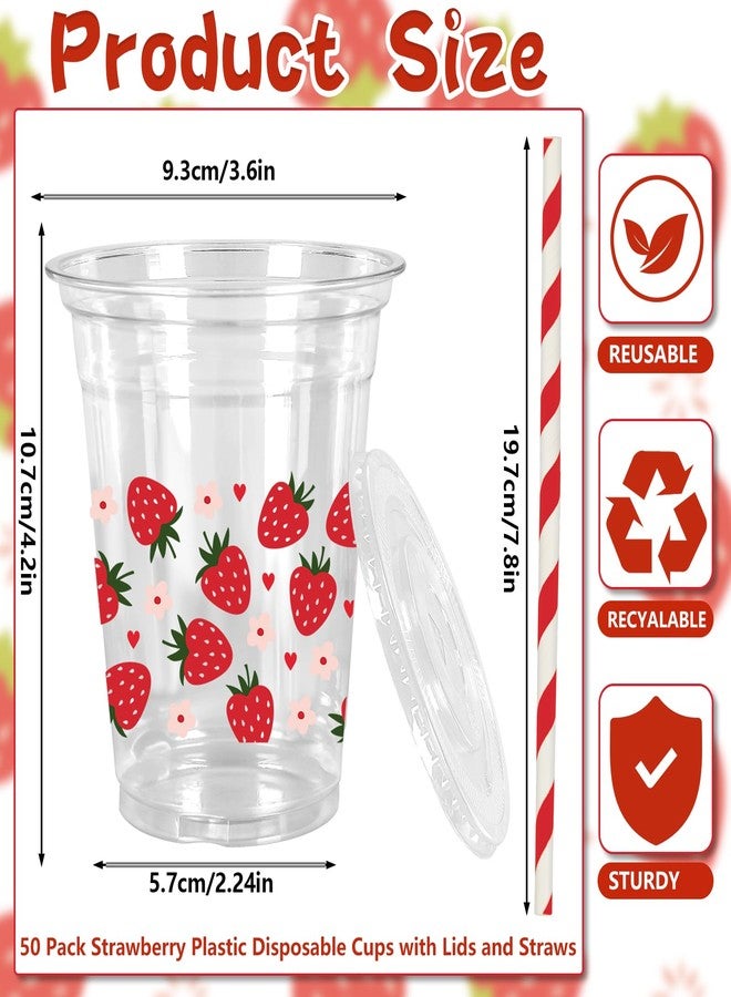 Whaline أكواب بلاستيكية من واهلين 50 قطعة بتصميم فراولة مع أغطية وقشات باللون الأحمر والوردي على شكل فراولة وقلب وزهرة، سعة 12 أونصة، أكواب قابلة للتخلص منها لمستلزمات حفلات عيد الميلاد وحفلات استقبال المواليد. - Image 2