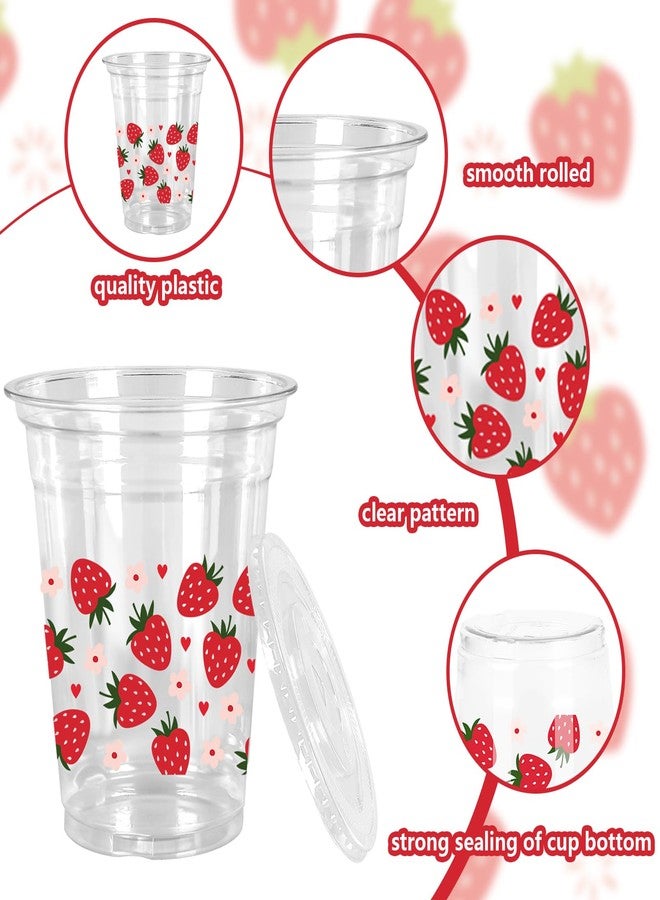 Whaline أكواب بلاستيكية من واهلين 50 قطعة بتصميم فراولة مع أغطية وقشات باللون الأحمر والوردي على شكل فراولة وقلب وزهرة، سعة 12 أونصة، أكواب قابلة للتخلص منها لمستلزمات حفلات عيد الميلاد وحفلات استقبال المواليد. - Image 3