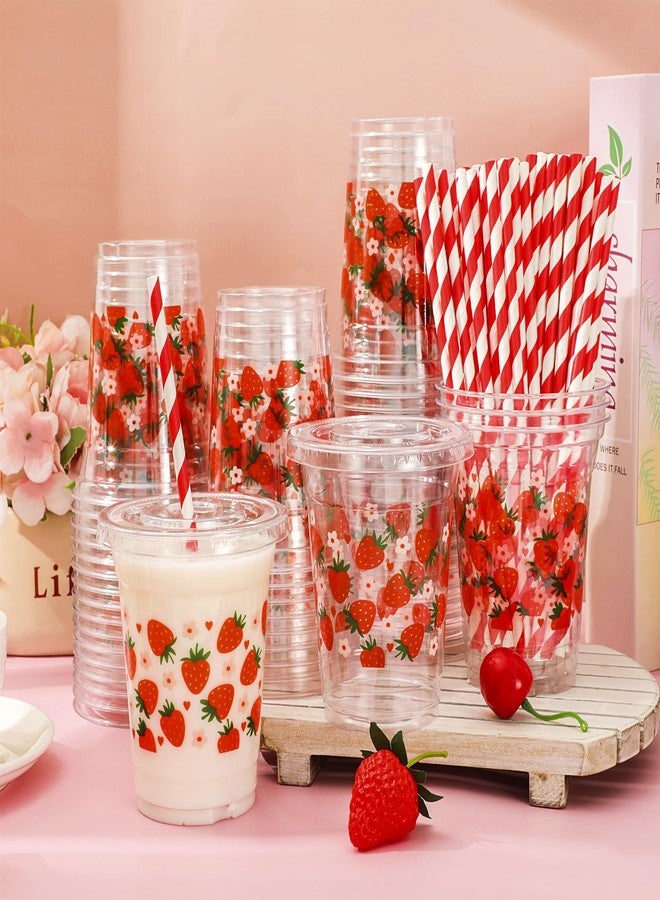 Whaline أكواب بلاستيكية من واهلين 50 قطعة بتصميم فراولة مع أغطية وقشات باللون الأحمر والوردي على شكل فراولة وقلب وزهرة، سعة 12 أونصة، أكواب قابلة للتخلص منها لمستلزمات حفلات عيد الميلاد وحفلات استقبال المواليد. - Image 5
