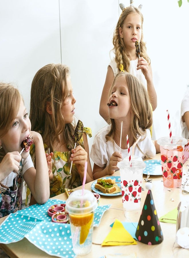 Whaline أكواب بلاستيكية من واهلين 50 قطعة بتصميم فراولة مع أغطية وقشات باللون الأحمر والوردي على شكل فراولة وقلب وزهرة، سعة 12 أونصة، أكواب قابلة للتخلص منها لمستلزمات حفلات عيد الميلاد وحفلات استقبال المواليد. - Image 4