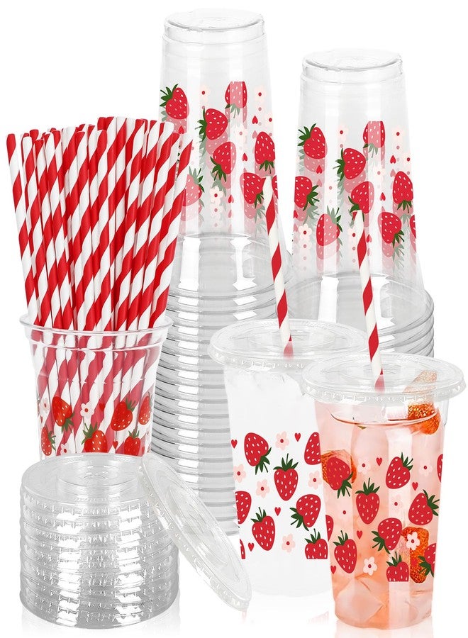 Whaline أكواب بلاستيكية من واهلين 50 قطعة بتصميم فراولة مع أغطية وقشات باللون الأحمر والوردي على شكل فراولة وقلب وزهرة، سعة 12 أونصة، أكواب قابلة للتخلص منها لمستلزمات حفلات عيد الميلاد وحفلات استقبال المواليد. - Image 1