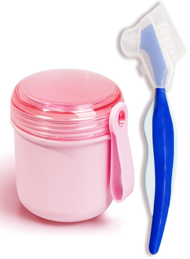 Mckkor Denture Case with Denture Brush, Waterproof Denture Bath with Portable Denture Brush Holder,Partial Denture Case with Basket denture cups for soaking dentures (pink - Image 1