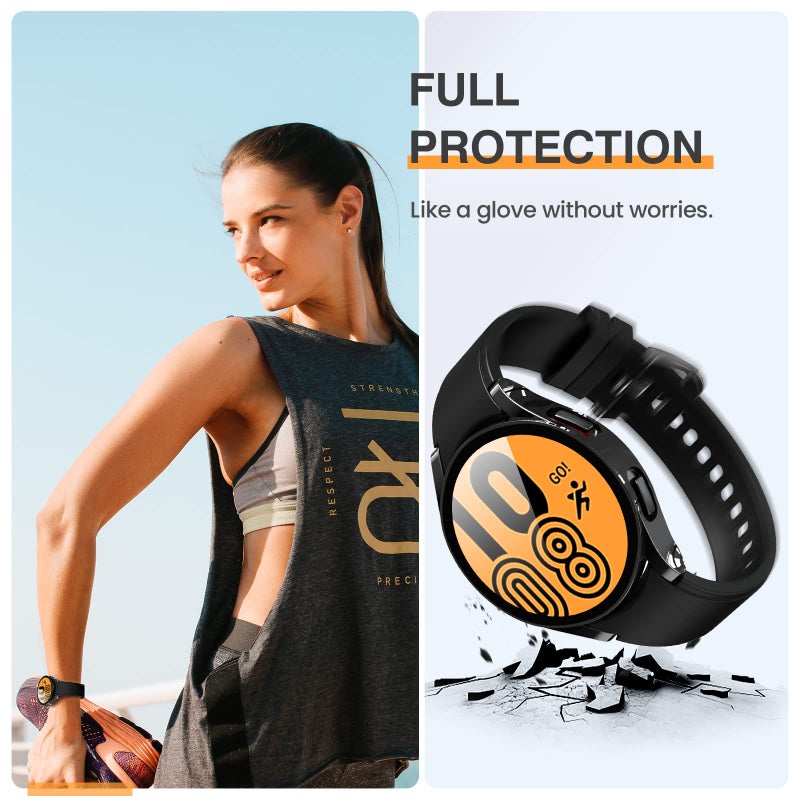 Tensea [2Pack for Samsung Galaxy Watch 5 2022/4 2021 Screen Protector Case 44mm Accessories, Protective Face Cover Built-in Tempered Glass Film Bumper Case (Glossy Black-Hard Case) - Image 3