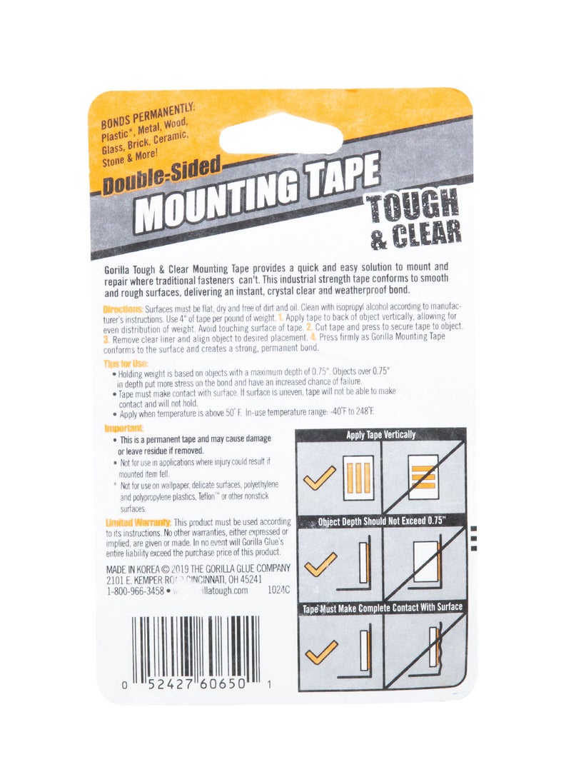 Gorilla Double Side Mounting Tape Tough & Clear 1" X 60" - Image 2