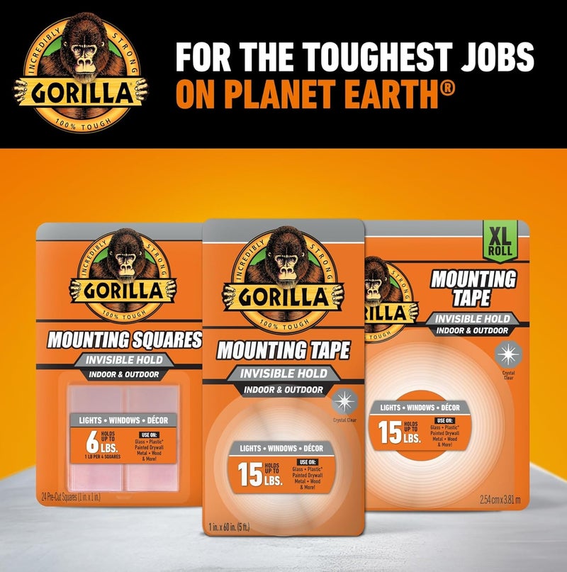 شريط لاصق قوي شفاف من جوريلا 60 إنش – شريط تثبيت مزدوج عالي التحمل يتحمل حتى 15 رطل للاستخدام الداخلي والخارجي على الزجاج والخشب والمعادن والجدران - Image 4