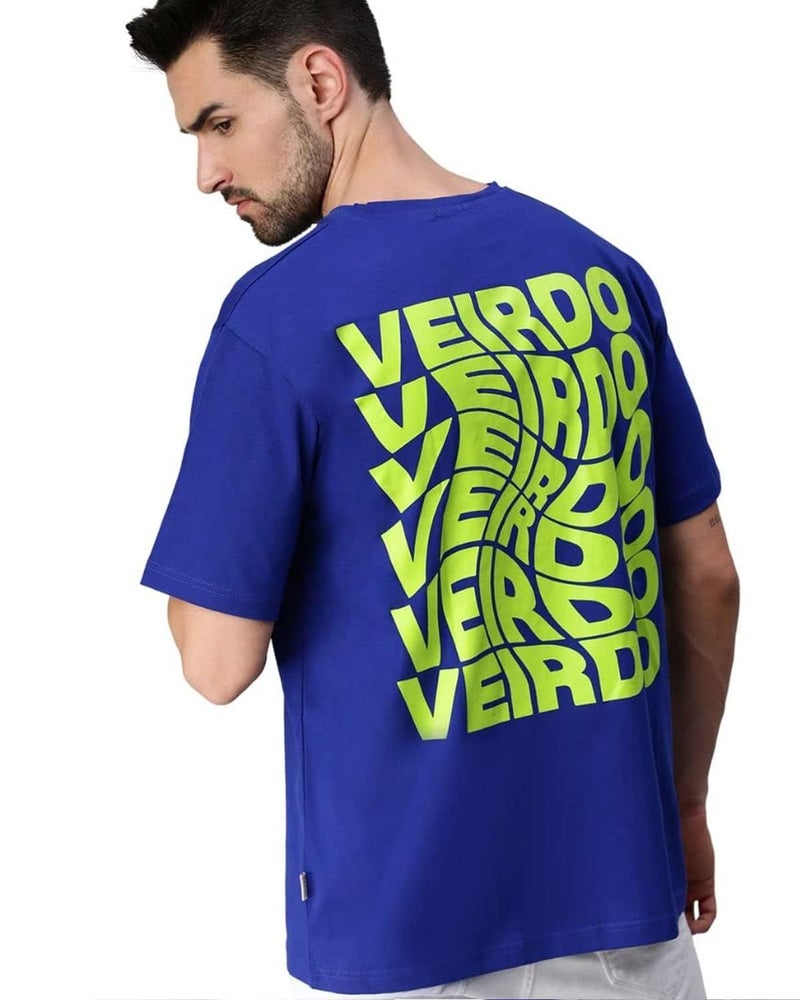 Veirdo® Royal Blue Oversized Cotton Graphic Print Round Neck T-Shirt with Back Print for Men (S) - Image 1