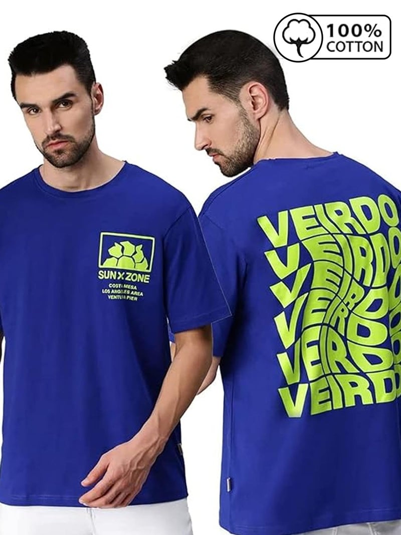 Veirdo® Royal Blue Oversized Cotton Graphic Print Round Neck T-Shirt with Back Print for Men (S) - Image 4