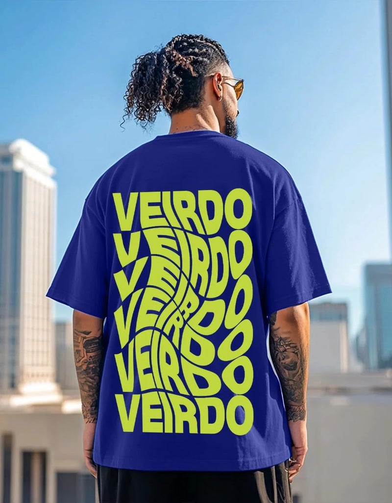 Veirdo® Royal Blue Oversized Cotton Graphic Print Round Neck T-Shirt with Back Print for Men (S) - Image 2