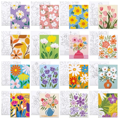 VOCHIC 16 Pcs Pre Drawn Canvas for Painting for Adults Sip and Paint Kit Pre Printed Canvas to Paint DIY Art Party Supplies Girls Night Date Night (Floral Pattern, 8x10 in) - Image 1