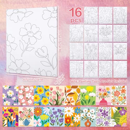 VOCHIC 16 Pcs Pre Drawn Canvas for Painting for Adults Sip and Paint Kit Pre Printed Canvas to Paint DIY Art Party Supplies Girls Night Date Night (Floral Pattern, 8x10 in) - Image 2