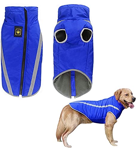 KUTKUT Windproof Warm Dog Winter Jacket, Reflective Waterproof Polar Fleece Lining Wind Breaker with Leash Hole Pet Warm Clothing for Large Dogs. (Blue, Size: 5XL, Chest: 78cm) - Image 1