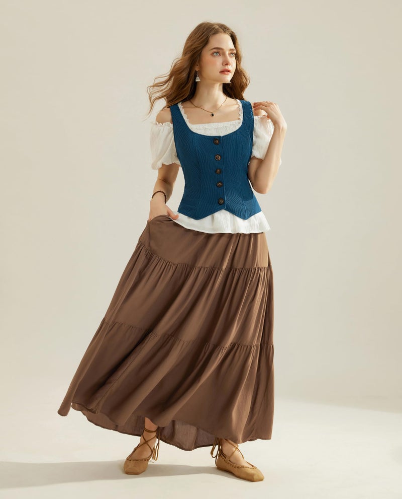Scarlet Darkness Women's Renaissance Vest Victorian Steampunk Waistcoat Vintage Corduroy Vest Tops Brown 3XL - Image 3