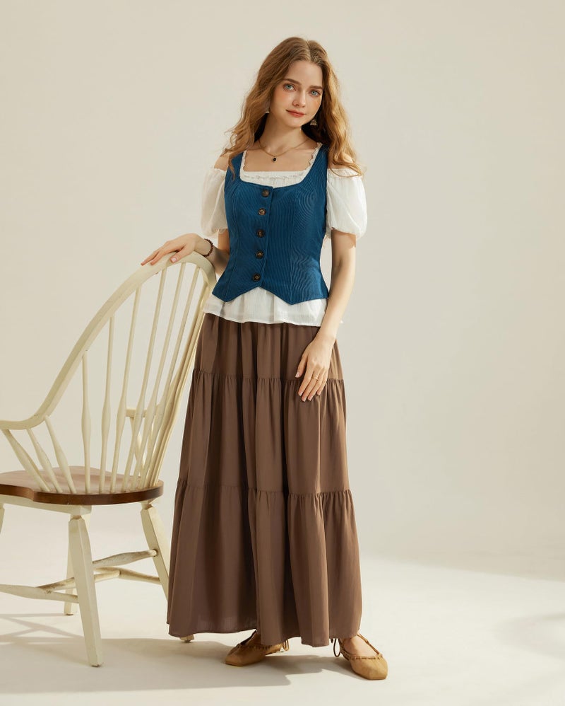 Scarlet Darkness Women's Renaissance Vest Victorian Steampunk Waistcoat Vintage Corduroy Vest Tops Brown 3XL - Image 2