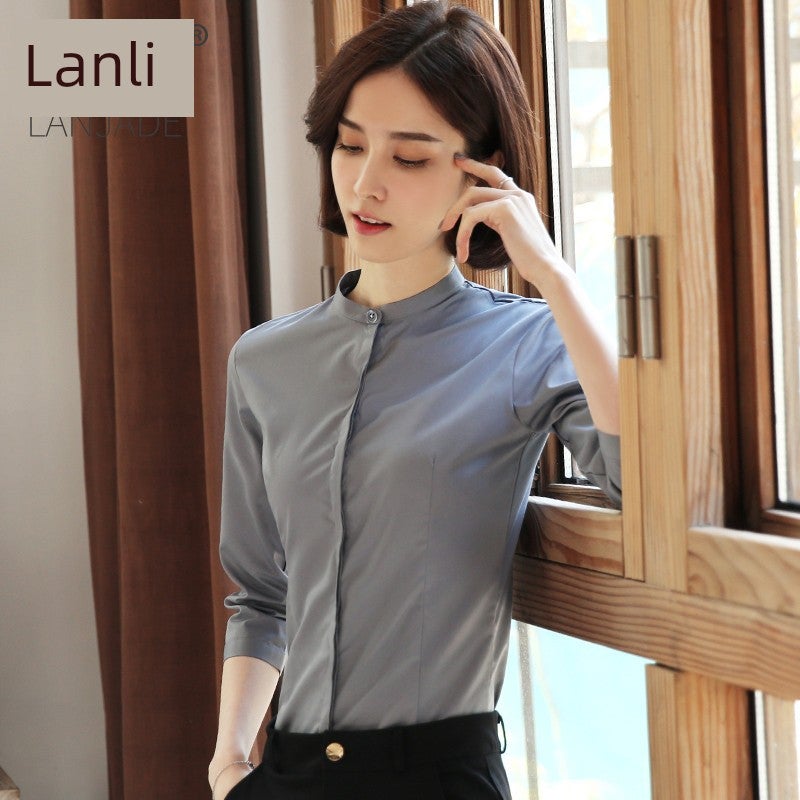 White stand-up collar seven-sleeve shirt, women's design sense, niche top, 2025 round-neck professional formal wear, interview white shirt - Image 3