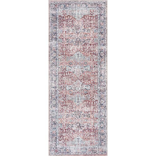 Bloom Rugs سجاد بلوم كاريه قابل للغسل وغير قابل للانزلاق 12 قدم - تقليدي بلون الطوب/الأزرق الداكن للمداخل، الممرات، الحمام، والمطبخ - الحجم الدقيق: 2'6" x 12'. - Image 2