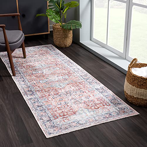Bloom Rugs سجاد بلوم كاريه قابل للغسل وغير قابل للانزلاق 12 قدم - تقليدي بلون الطوب/الأزرق الداكن للمداخل، الممرات، الحمام، والمطبخ - الحجم الدقيق: 2'6" x 12'. - Image 1