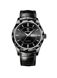 Black leather strap black watch dial