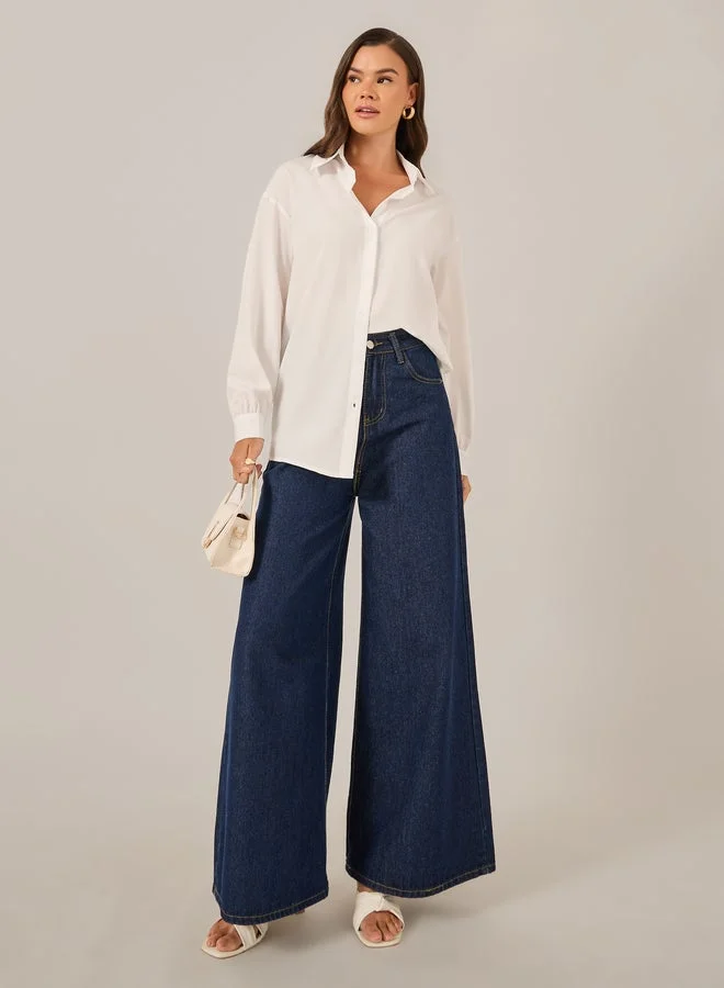 تايك تو قميص بأزرار أمامية بأكمام طويلة بلون سادة