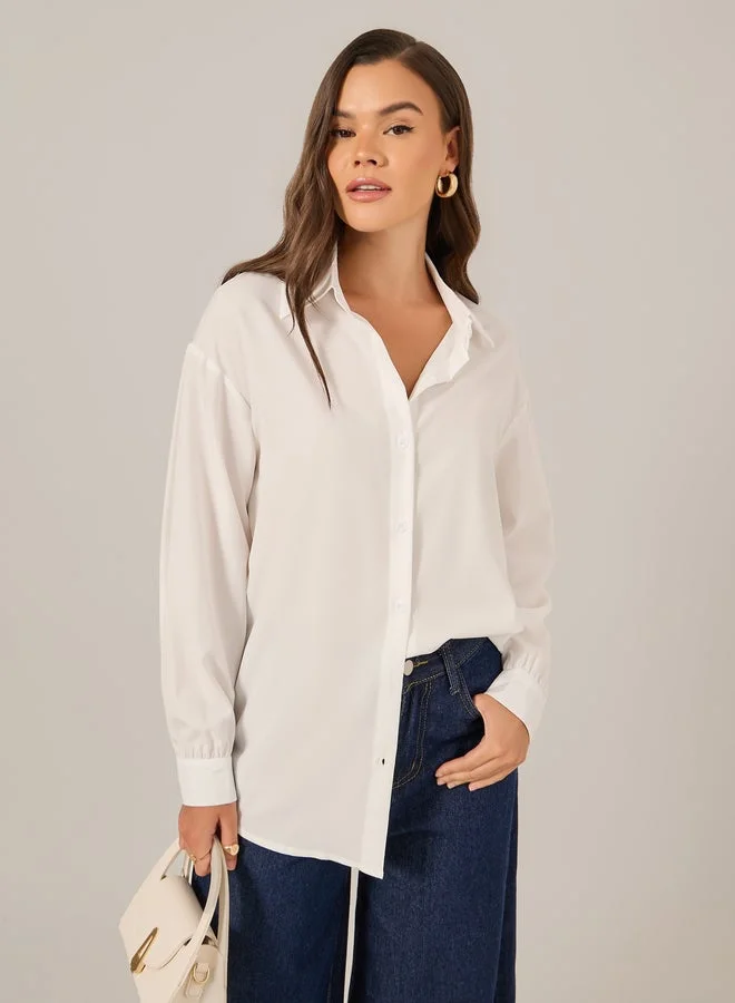 تايك تو قميص بأزرار أمامية بأكمام طويلة بلون سادة
