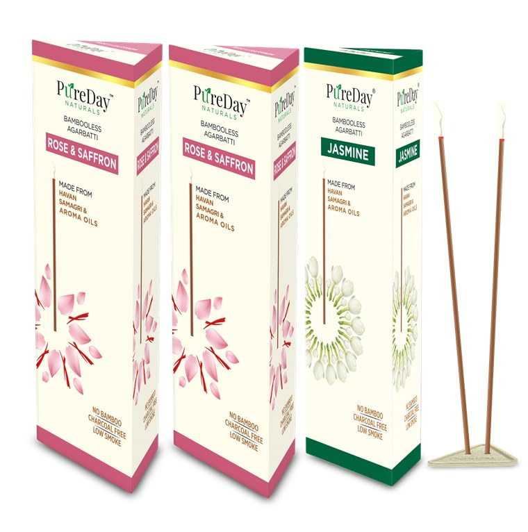PureDay Bambooless Agarbatti 200 Dhoop Sticks Pack of 3 Rose Saffron 160 Sticks Jasmine 40 Sticks No Bamboo No Charcoal Lasting Aroma Free Ceramic Stand - Image 1