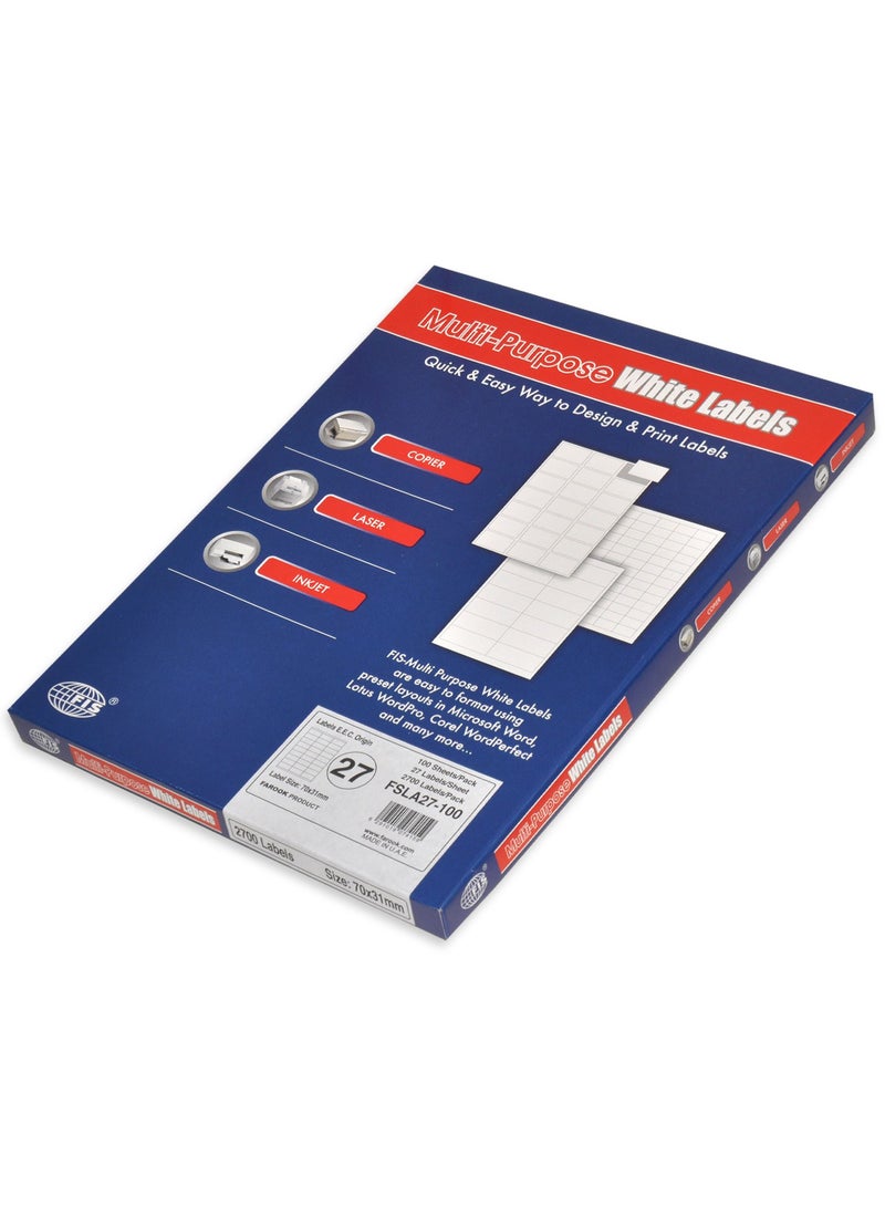 FIS ملصقات ليزر متعددة الأغراض من FIS، لون أبيض، مقاس 70×31 ملم (27 ملصقًا × 100 ورقة) 2700 ملصق، مقاس: A4 (21×29.7 سم)، عبوة من 100 ورقة - FSLA27-100 - Image 1