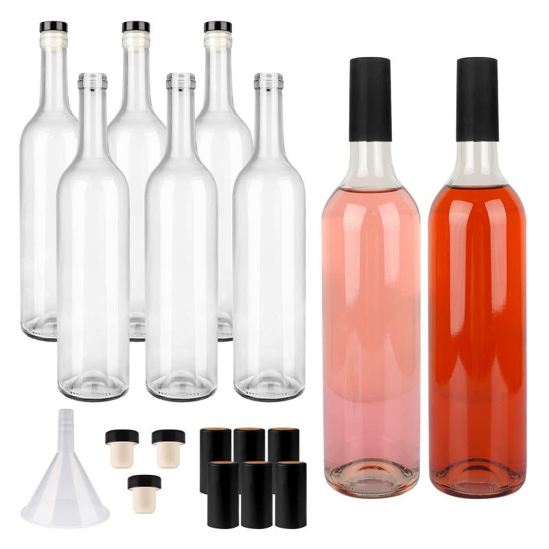 GUANENA 8 Pack 750ml Clear Glass Bottles with Cork Lids and PVC Shrink Capsules Empty Home Brewing Wine Bottles with Funnel for Sparkling Wine Juice Kombucha Beverages